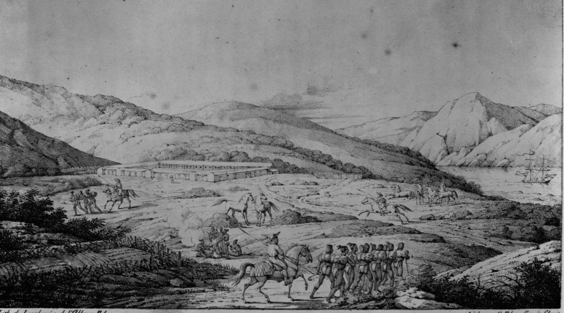 A group of soldiers march in formation near a large building by mountains, with officers on horseback and a ship anchored by the shore.