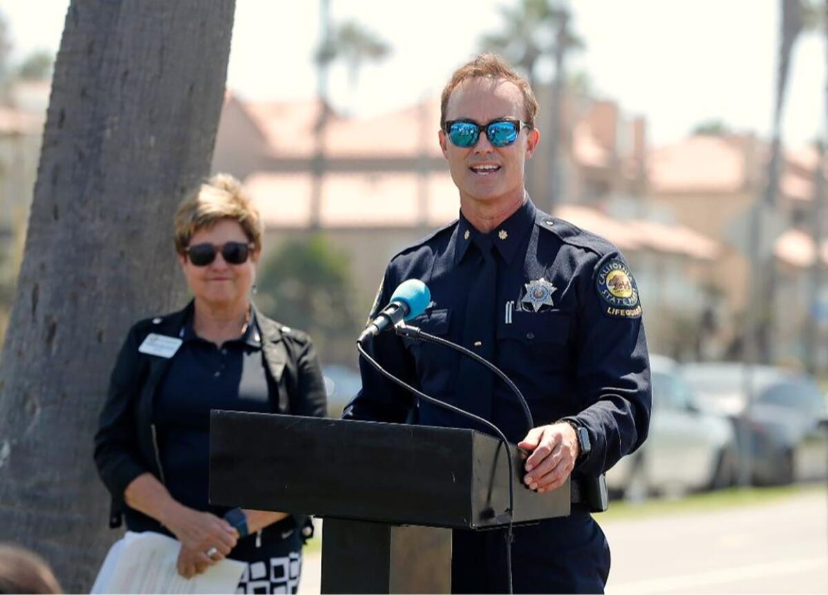 Then- State Park Supt. Kevin Pearsall gives a speech at Huntington Beach's Bluff Top Park in 2022. 