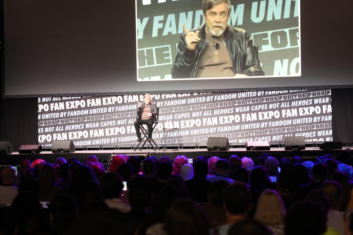 Mark Hamill, who portrayed Luke Skywalker in "Star Wars," addresses fans in Anaheim.