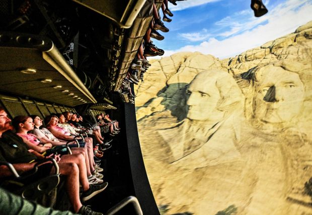 Riders approach Mount Rushmore during opening day of Soarin' Across America at Disney California Adventure in Anaheim on Thursday, July 2, 2026. The patriotic nod to the United States' Semiquincentennial temporary replaces Soarin' over the World. (Photo by Jeff Gritchen, Orange County Register/SCNG)