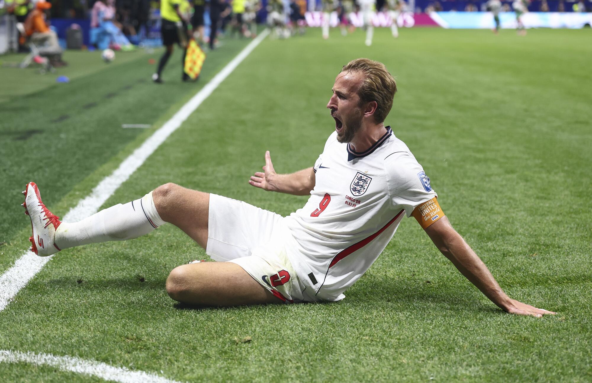 England's Harry Kane celebrates after scoring against the Democratic Republic of the Congo on July 1.