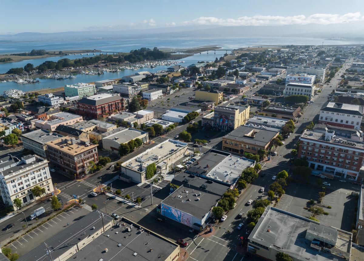Downtown Eureka, pictured Sept. 3, 2022, with Lost Coast Brewery, a yellow, multi-story building, visible in the center.