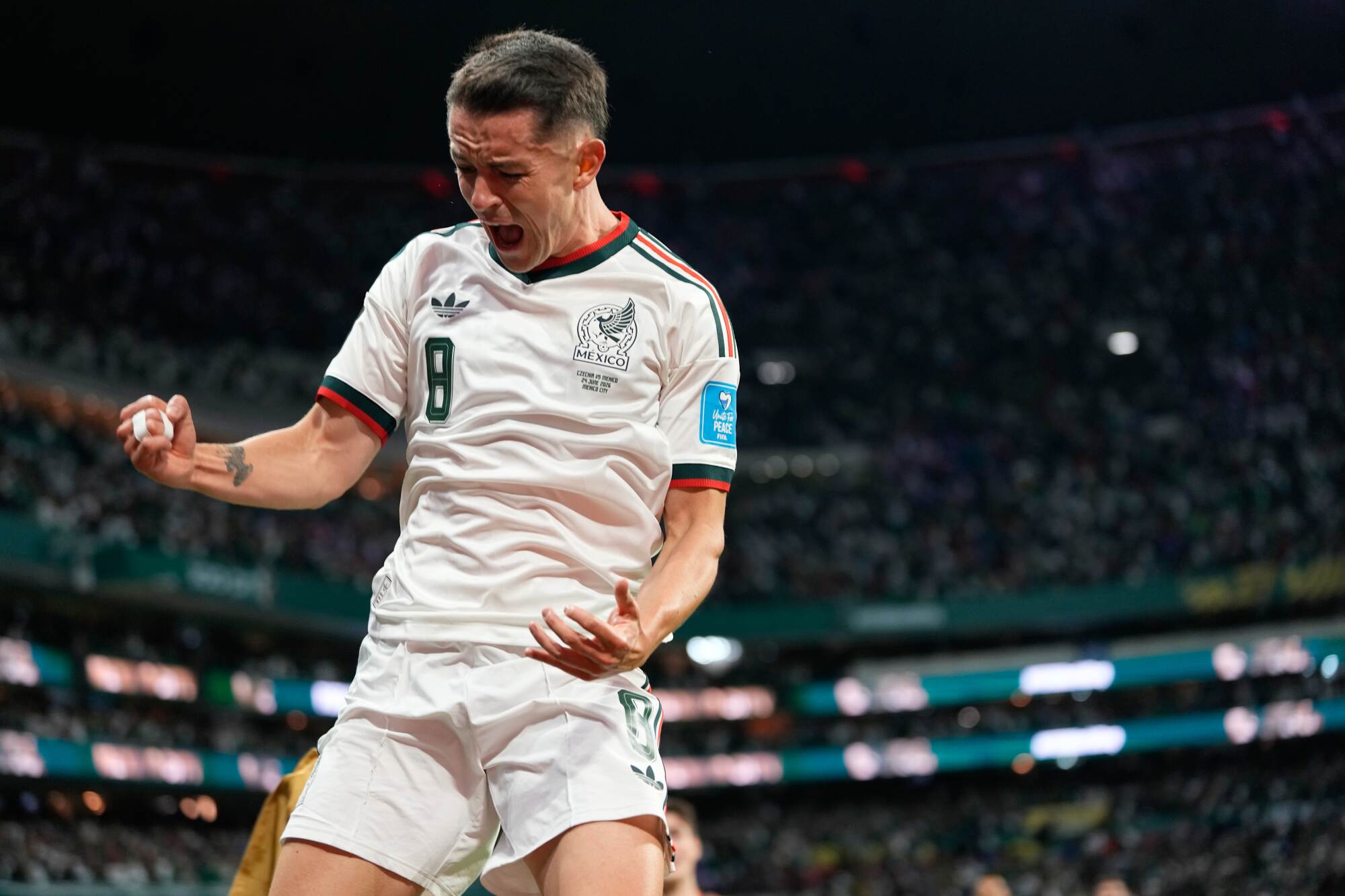 Mexico's Álvaro Fidalgo celebrates after scoring against Czechia during a World Cup match at Azteca Stadium on June 24.