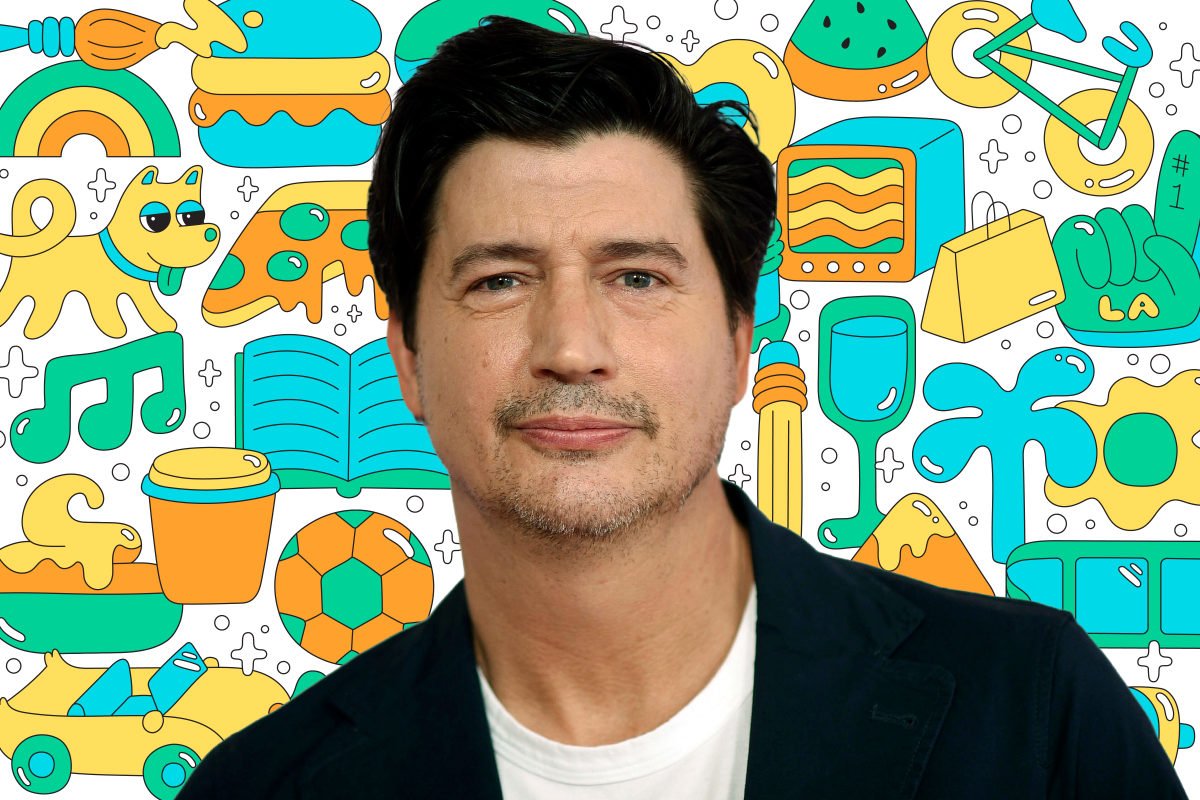 Photo of a person on a background of colorful illustrations like a book, dog, pizza, TV, shopping bag, and more