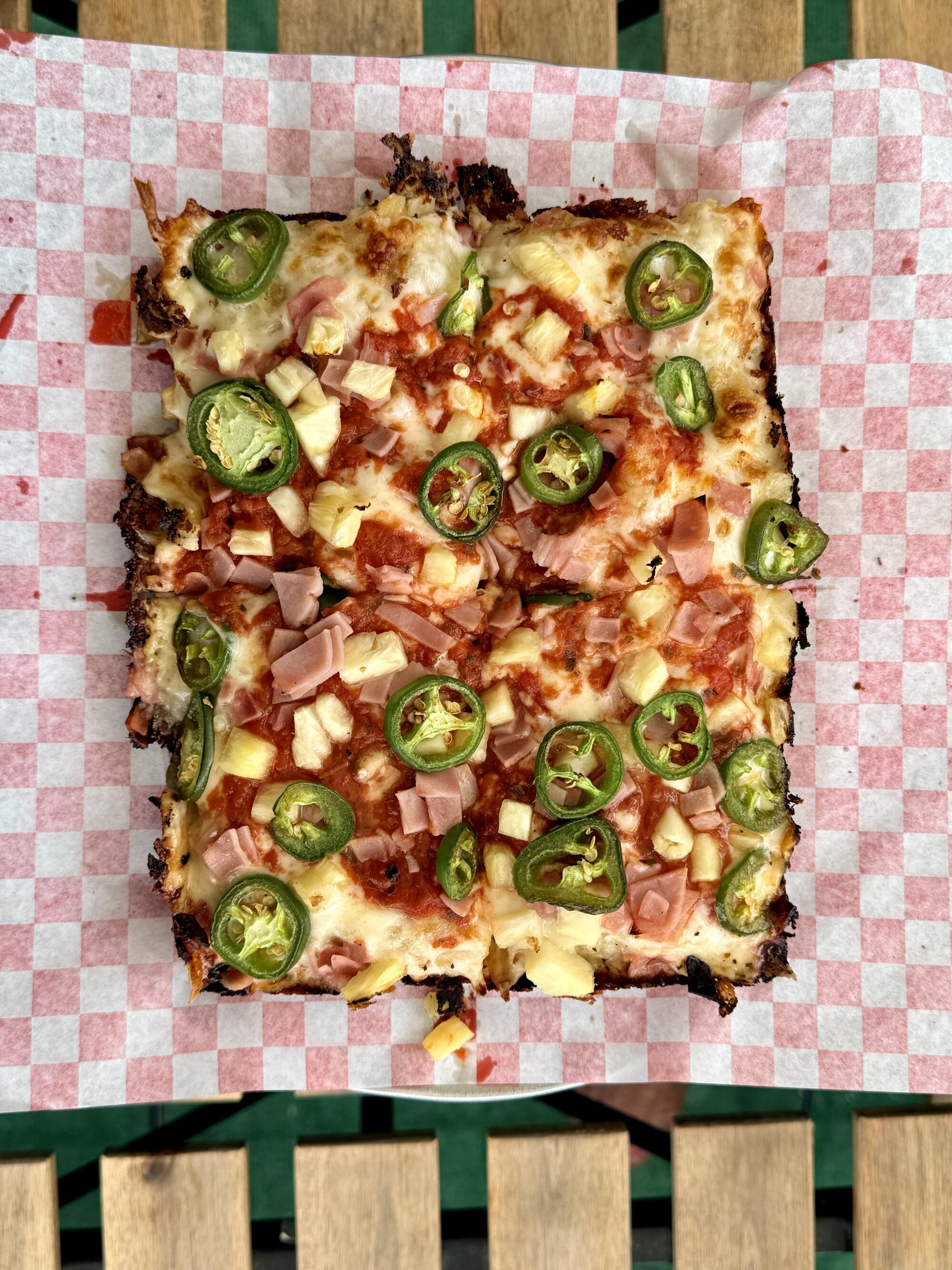 A Detroit-style pizza with pineapples, Canadian bacon and jalapenos from Pizza Cafe L.A. in Silver Lake.