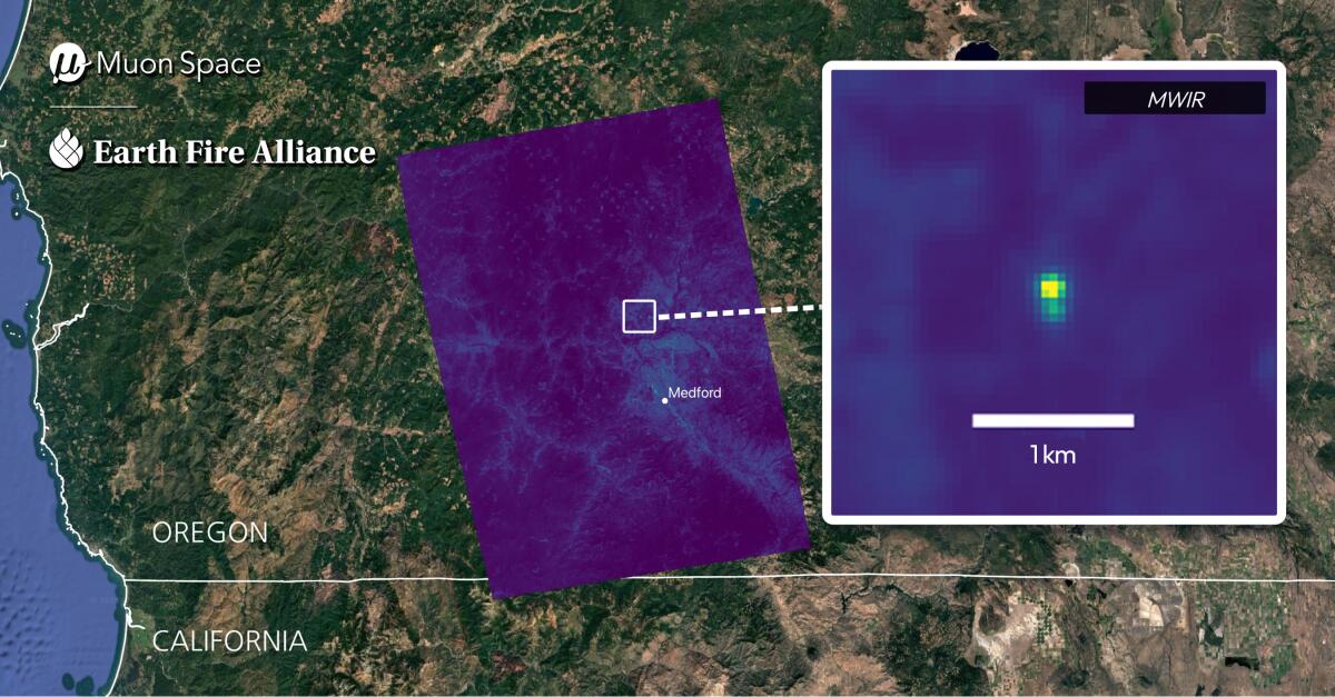 FireSat's infrared instruments detected this small roadside fire in Medford, Ore., during a 2025 test flight.