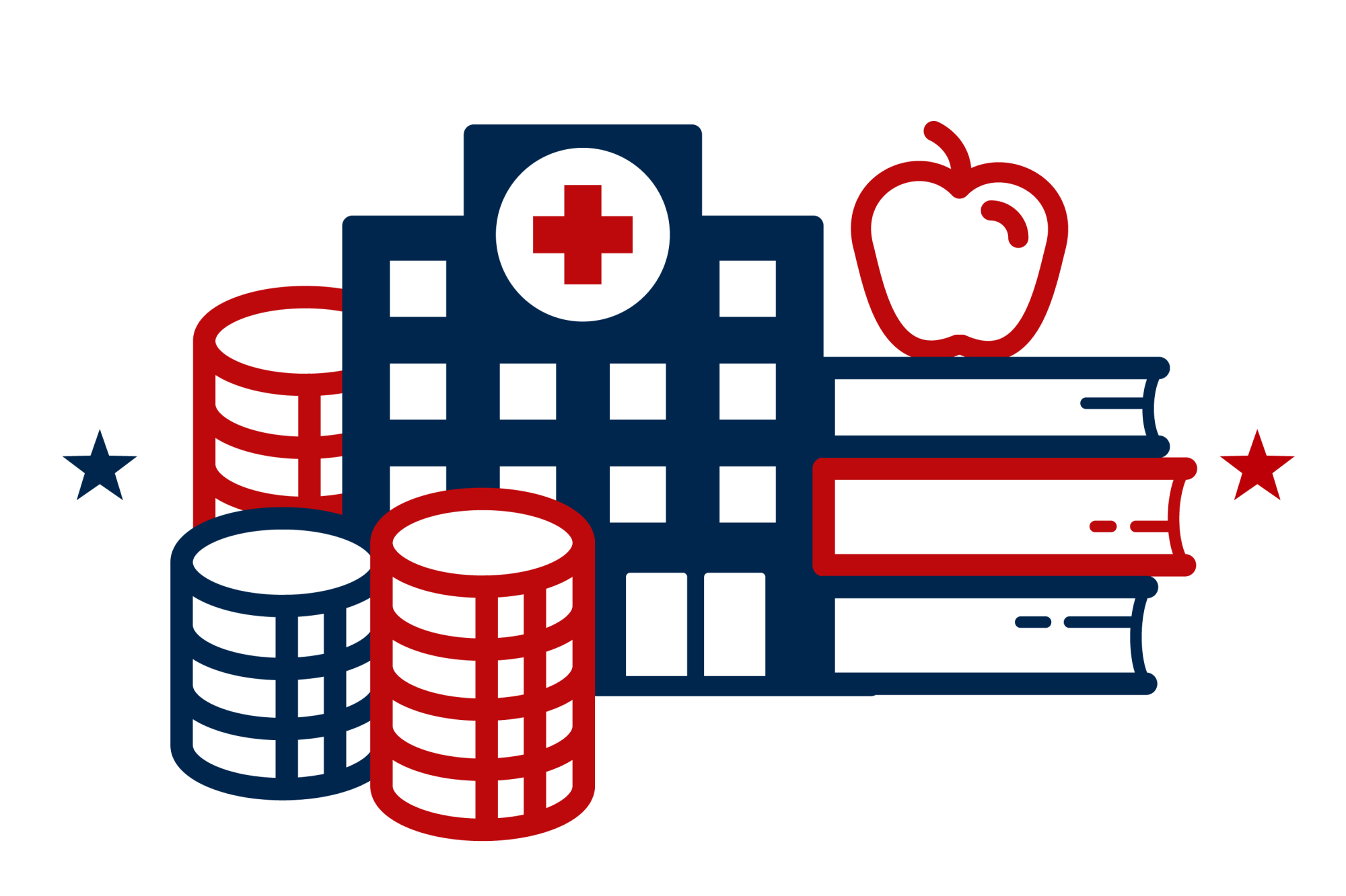 Icon illustration of books, an apple, a hospital and stacks of coins.