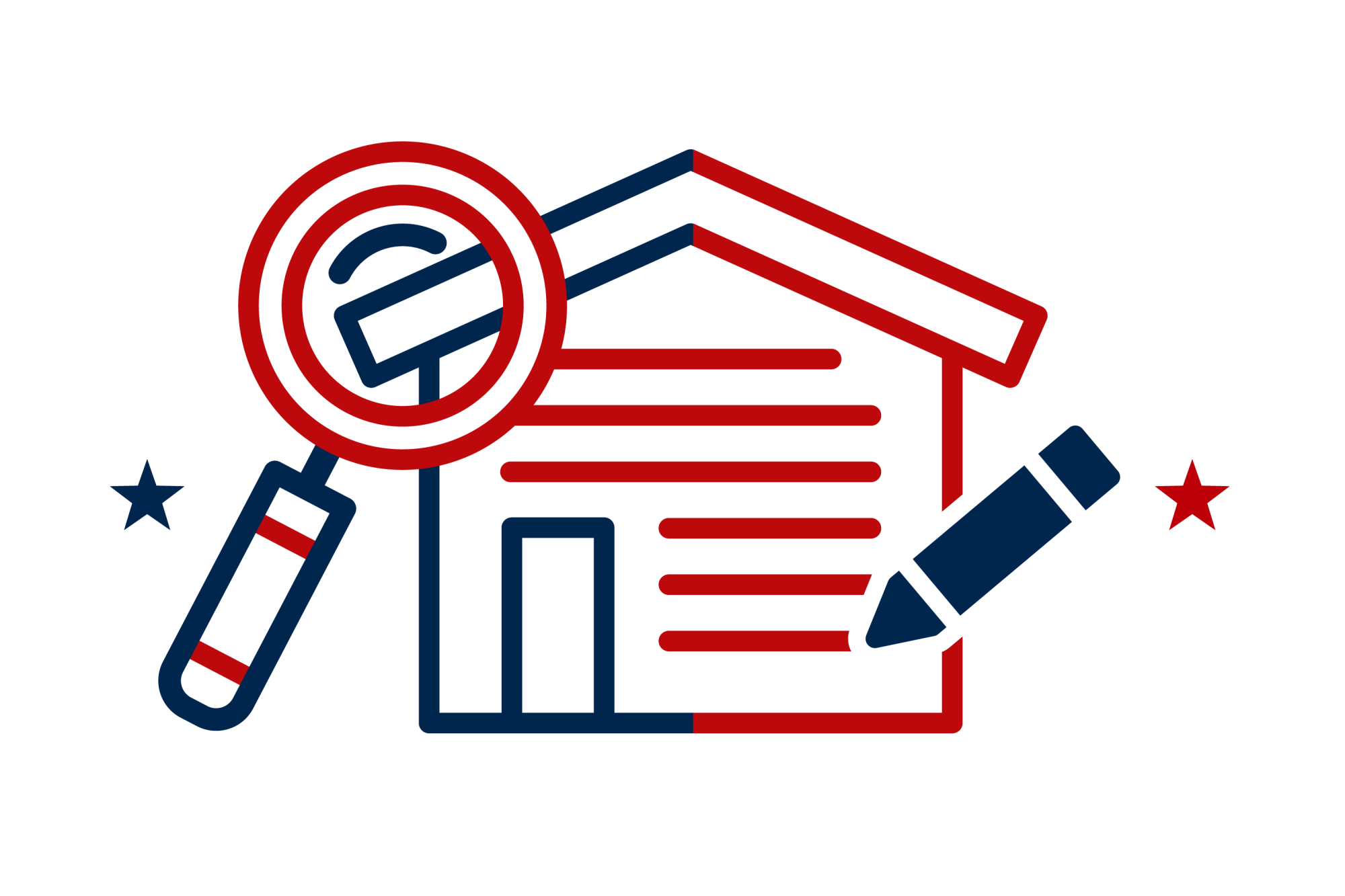 Icon illustration of a home with magnifying glass, pen and contract.