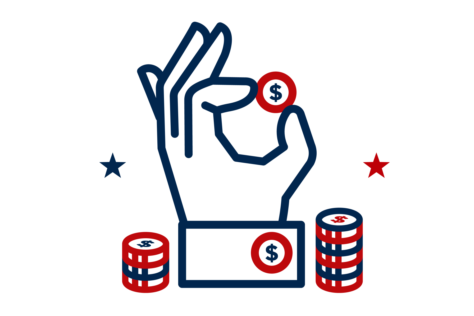 Icon illustration of a hand with cufflinks pinching a money coin.