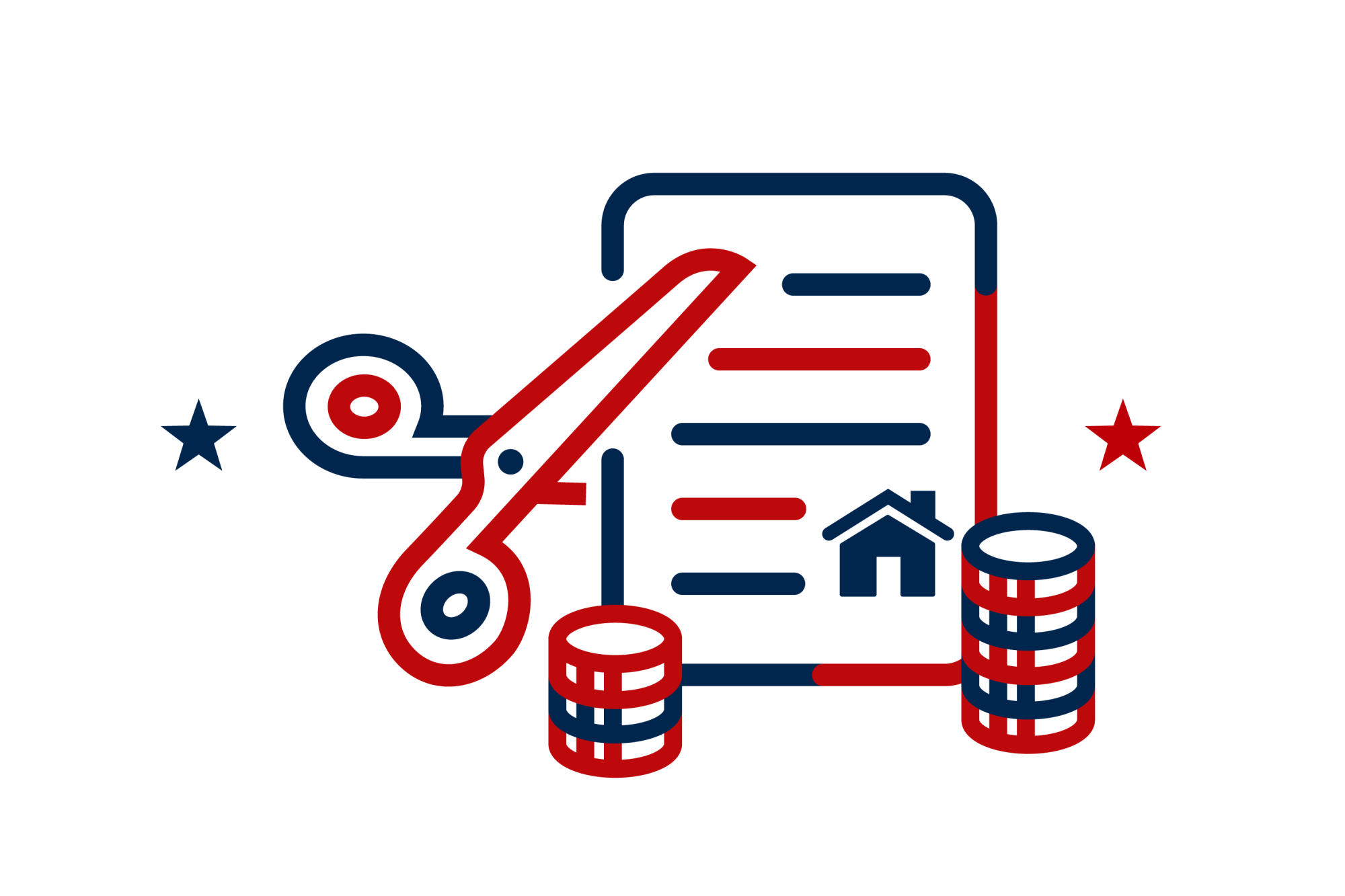 Icon illustration of scissors cutting a document in half with a house symbol. Stacks of coins nearby.
