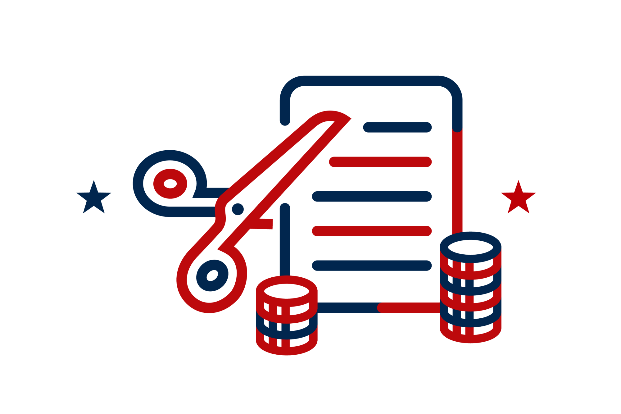 Icon illustration of scissors cutting a document in half with stacks of coins nearby.