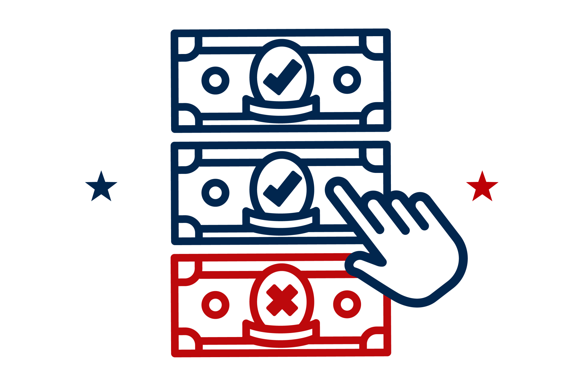 Icon illustration of two dollar bills with checkmarks and one dollar bill with a red X.