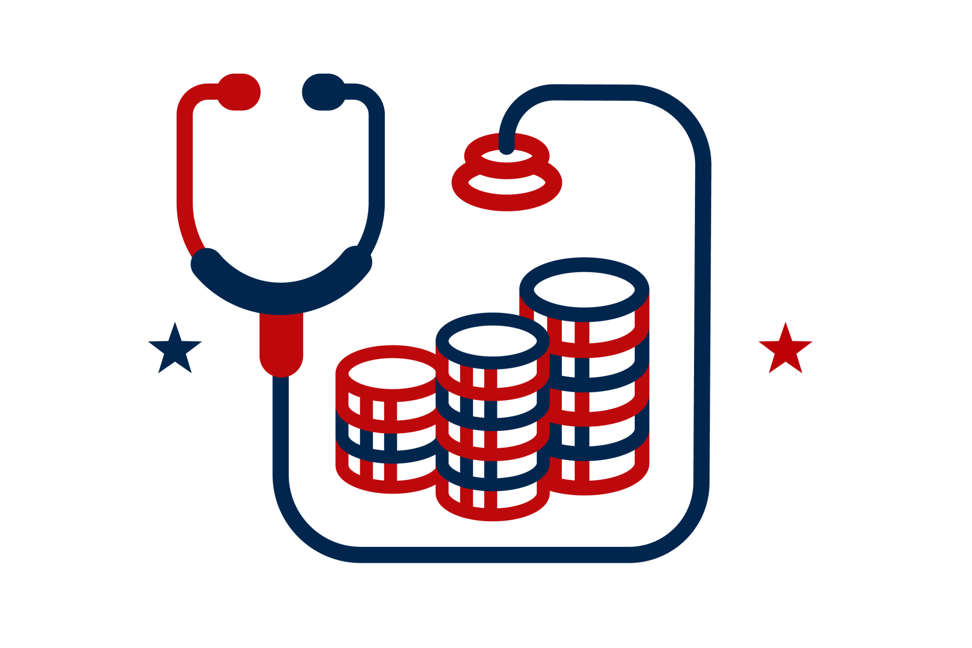Icon illustration of a stethoscope encircling stacks of coins.