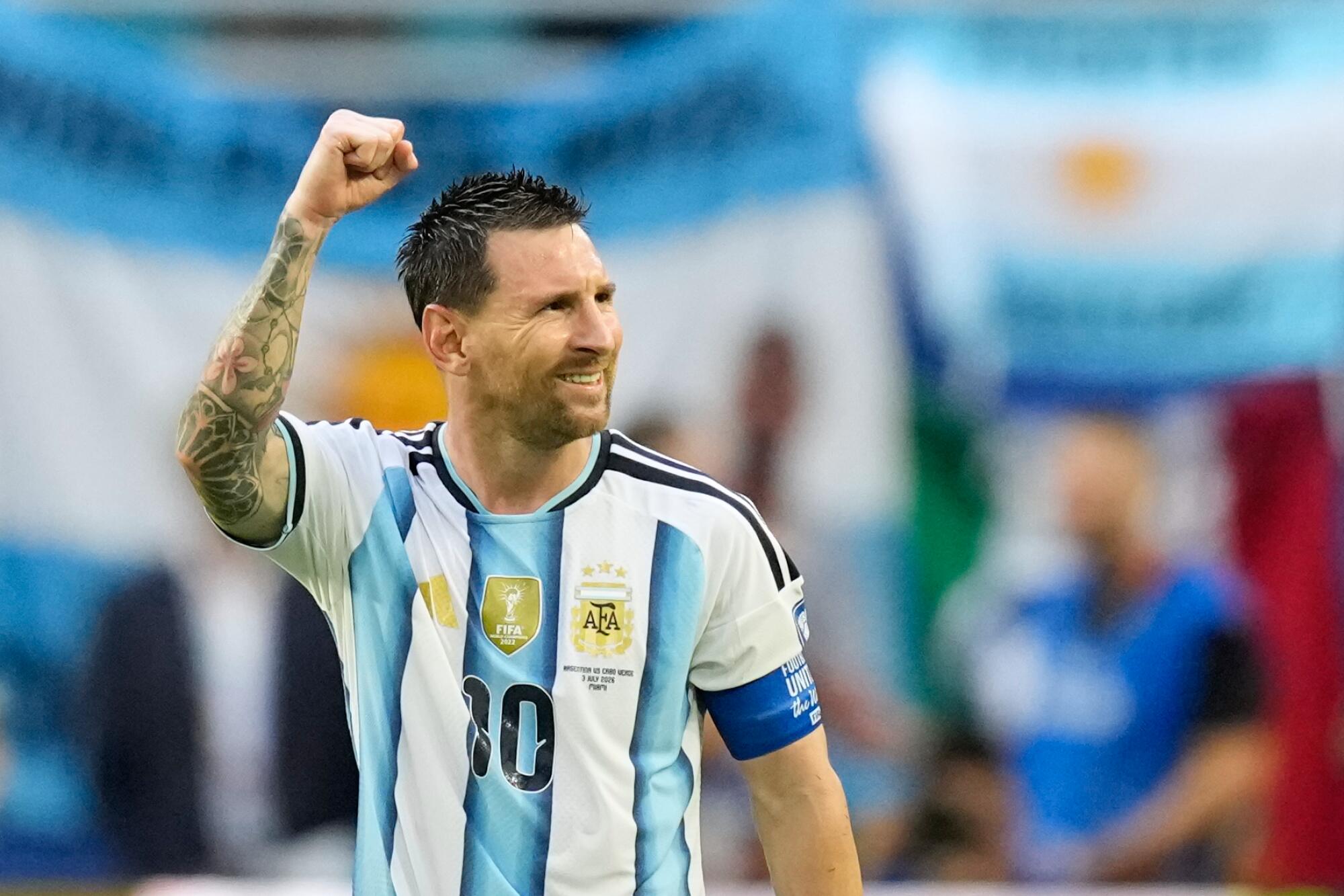 Argentina's Lionel Messi celebrates after scoring against Cape Verde at the World Cup on June 3.