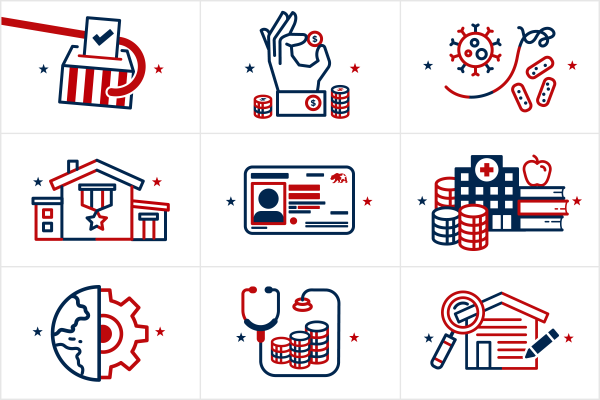 grid of icon illustrations for the 2026 California proposition measures