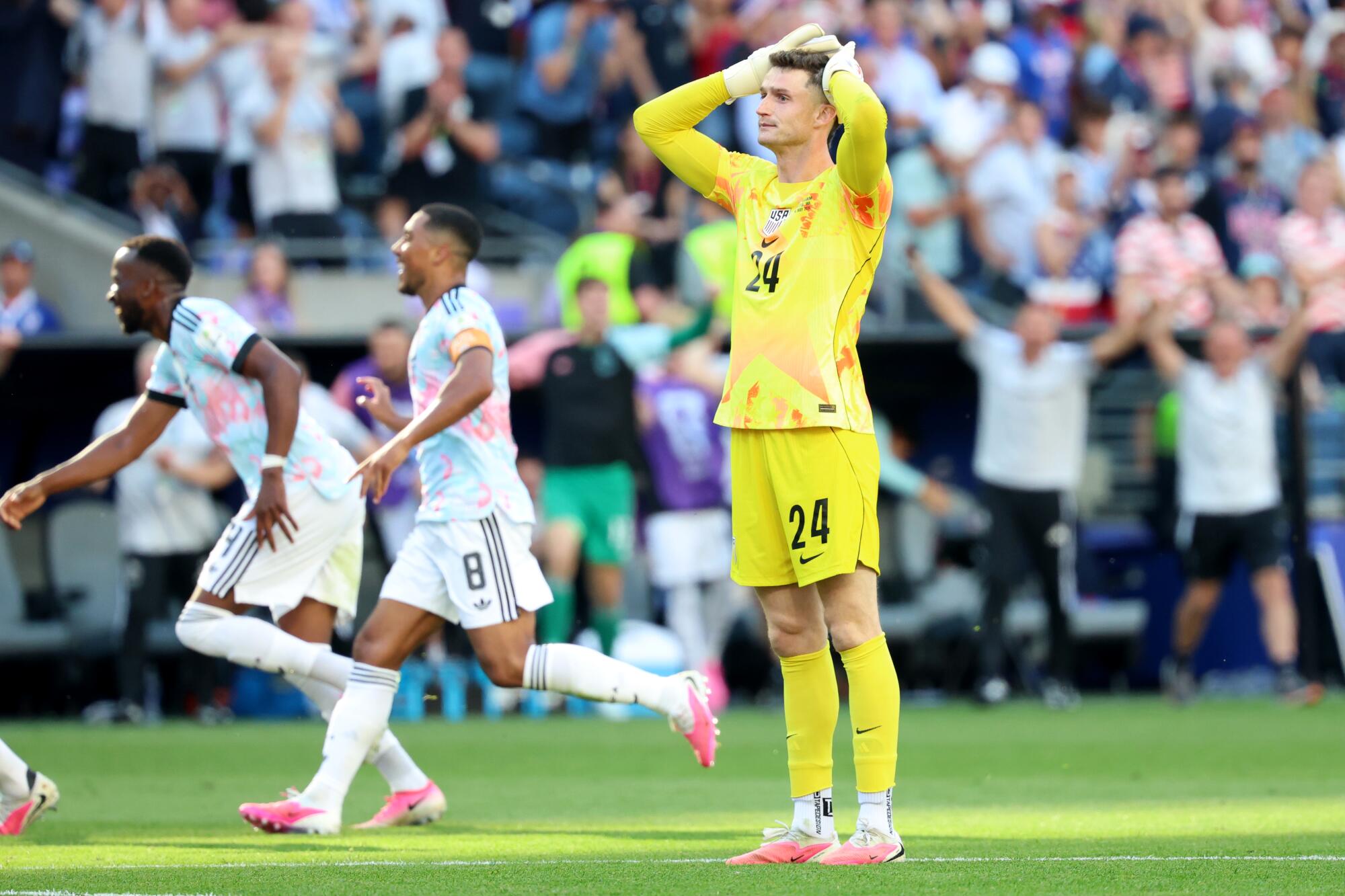 U.S. goalkeeper Matt Freese reacts after Belgium midfielder Hans Vanaken (not shown) scored against him.