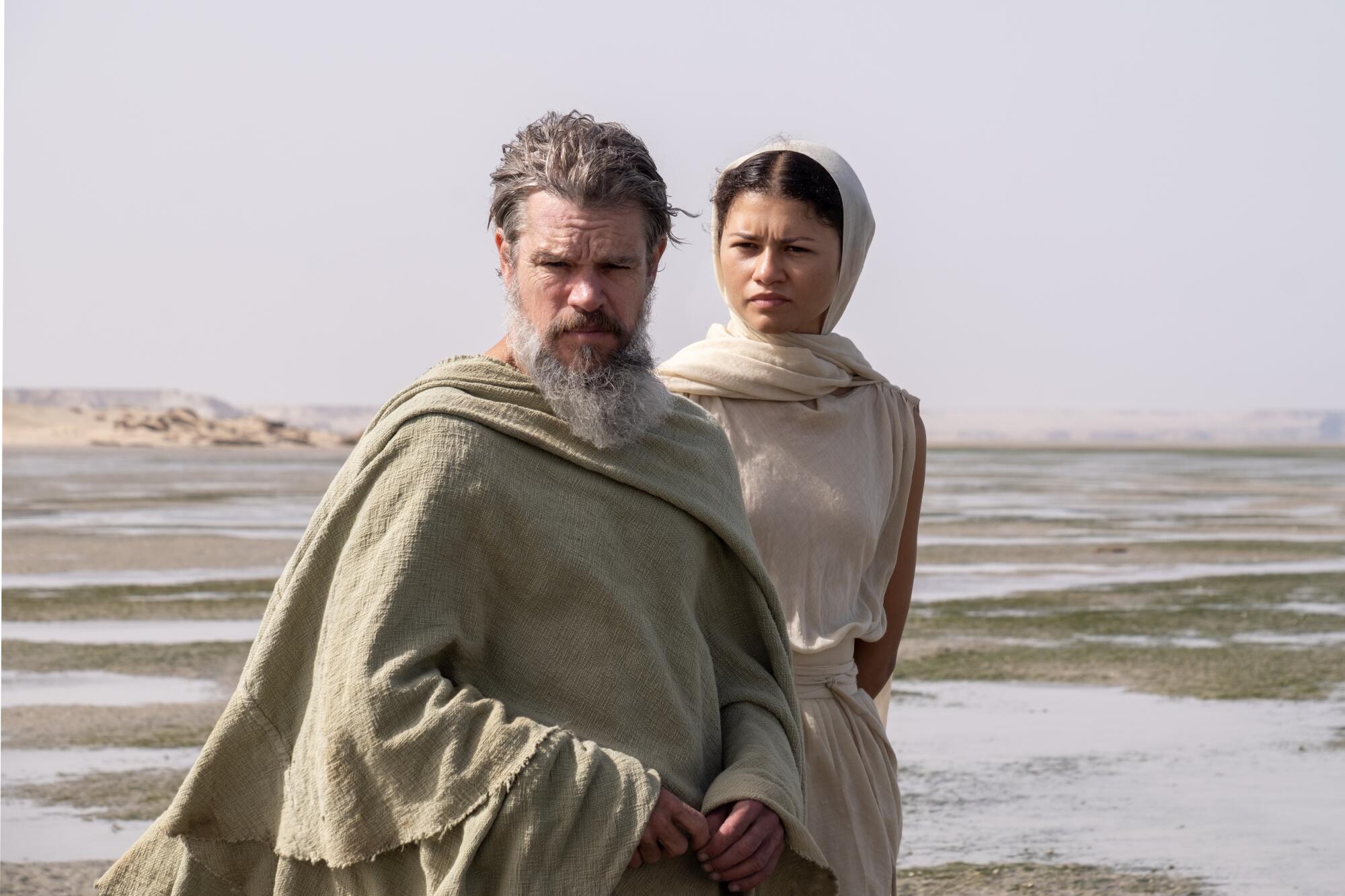 A bearded man gets advice from a goddess on a beach.