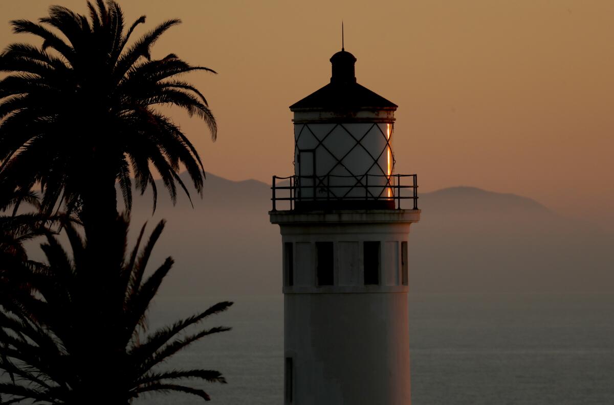 Mist shrouds Catalina Island beyond the Point Vicente Lighthouse on the Palos Verdes Peninsula.