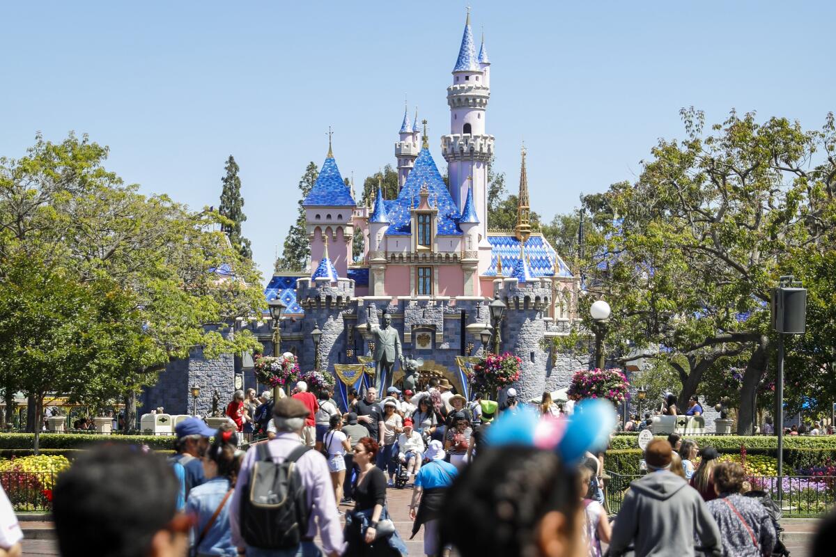 Disneyland's Sleeping Beauty Castle on a crowded 2019 day.