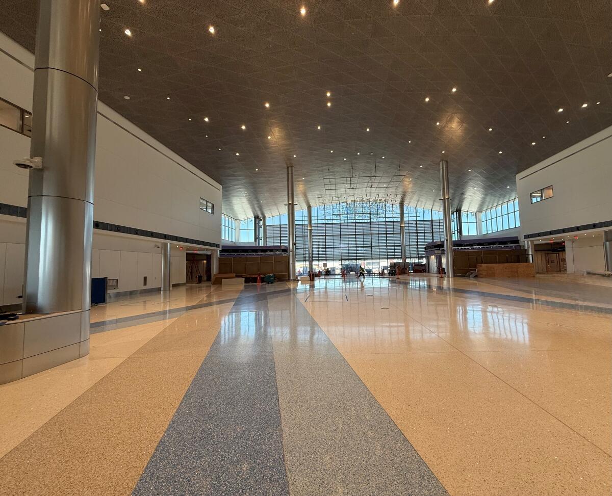 The Grand Hall of the soon-to-open terminal at Hollywood Burbank Airport awaits finishing touches on July 7. 
