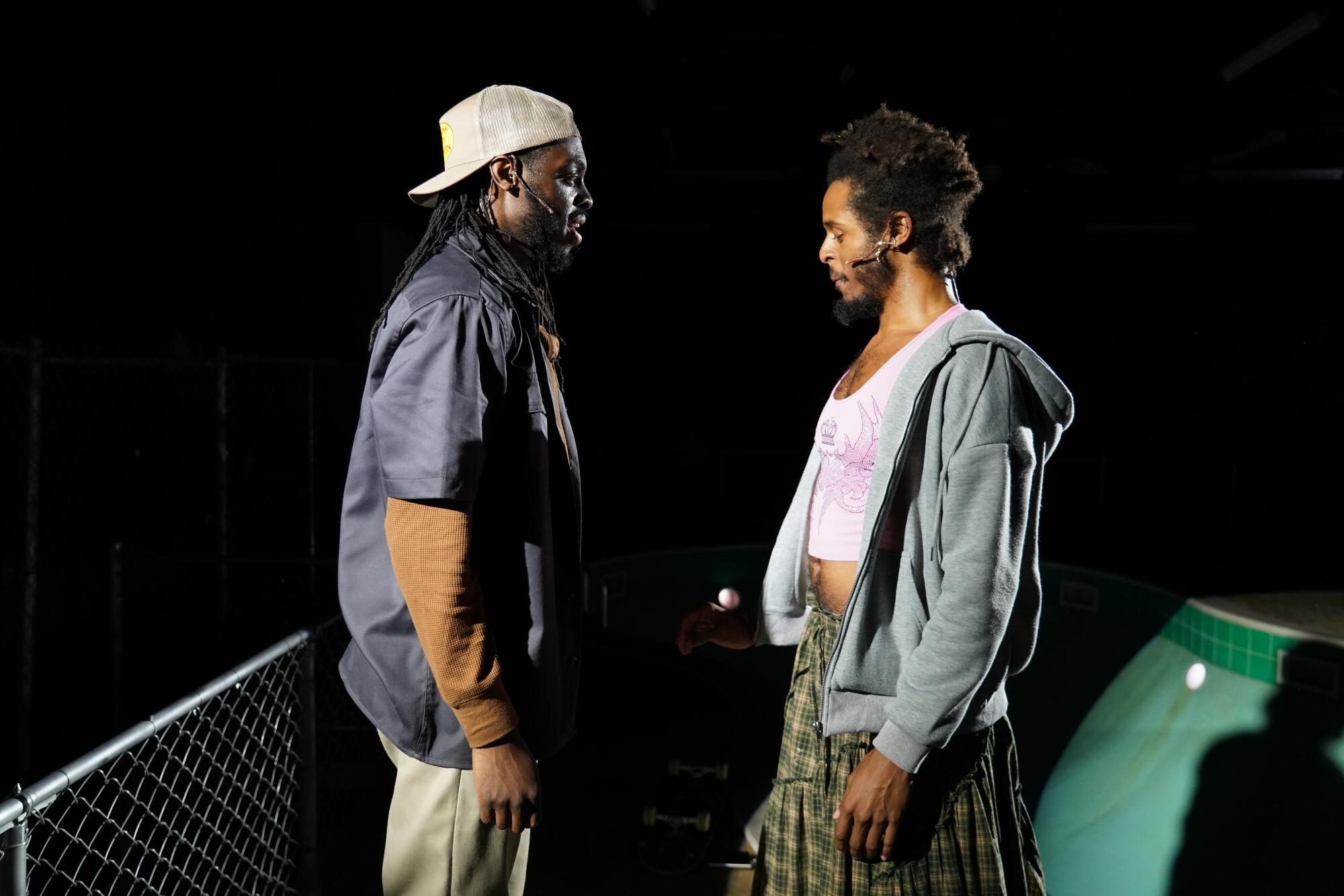 Oghenero Gbaje, left, and Essence Lotus in "Bowl EP" by Nazareth Hassan at the Vineyard Theatre in Manhattan.