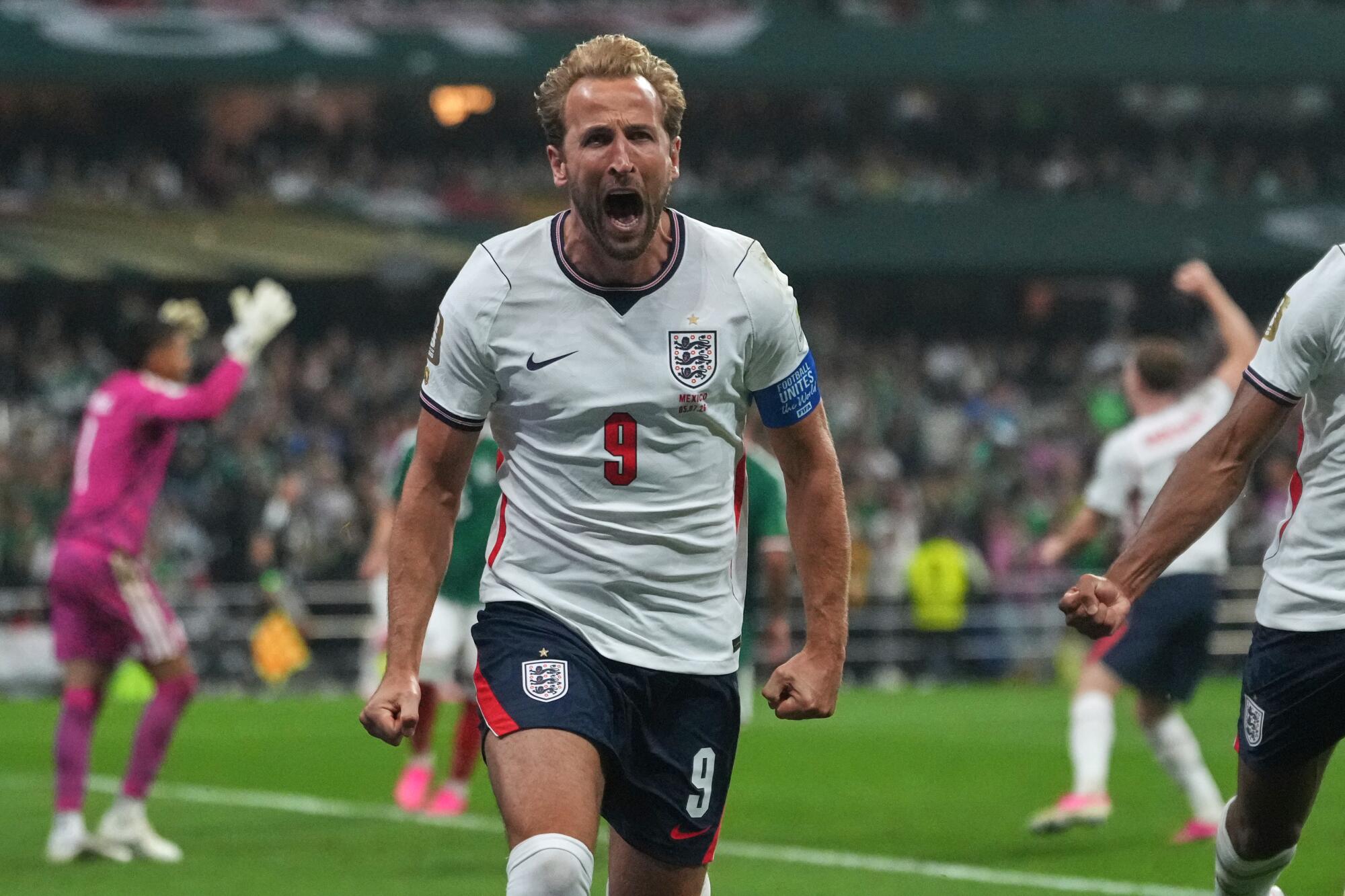 England's Harry Kane celebrates after scoring during a win over Mexico on July 5.