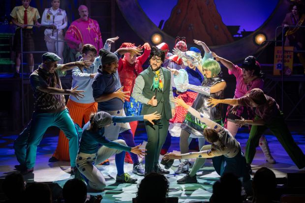 Drew Bradford, center, as Sheldon J. Plankton in Cygnet Theatre's "The SpongeBob Musical." (Karli Cadel)