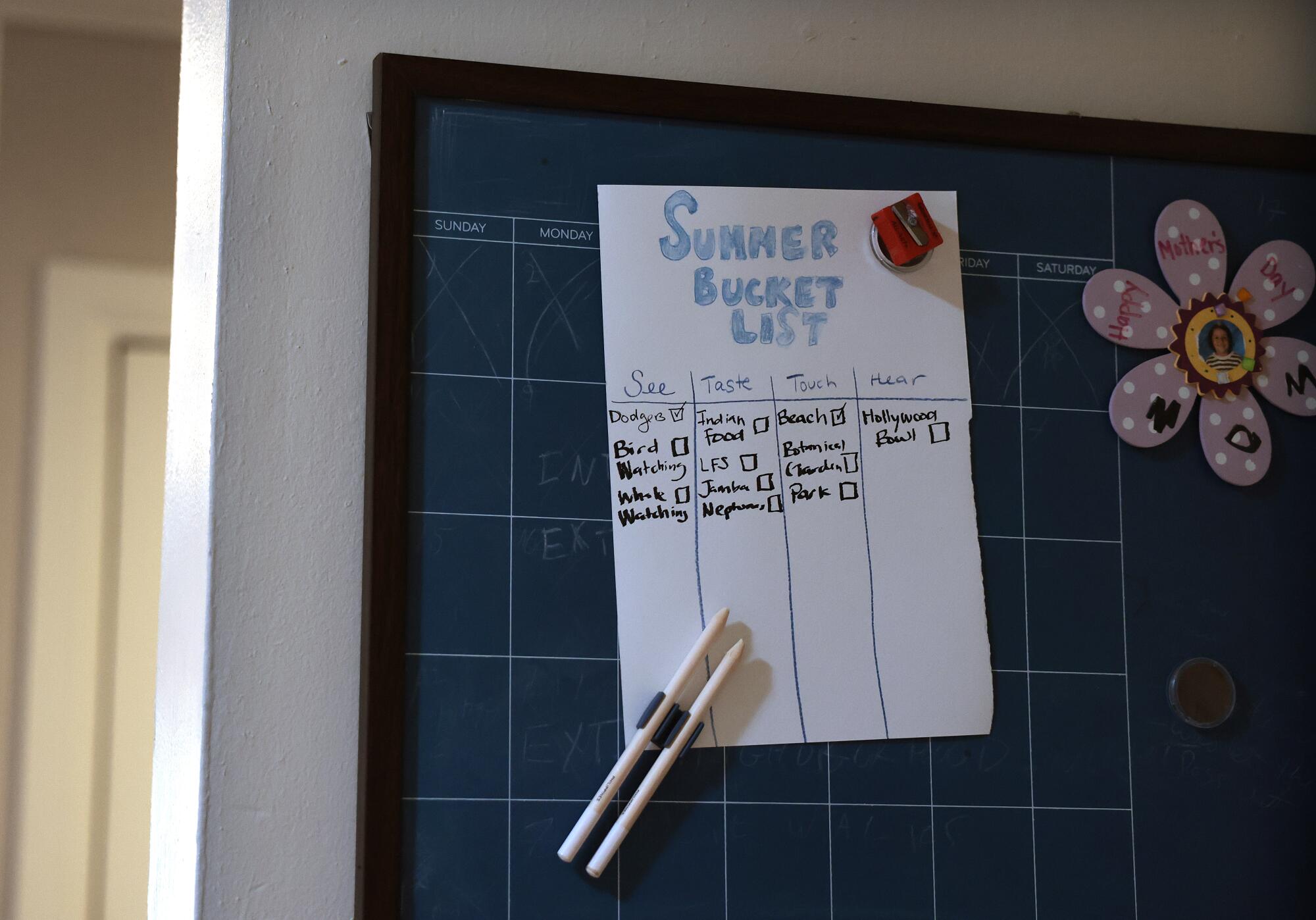 A summer wish list tacked to the wall.