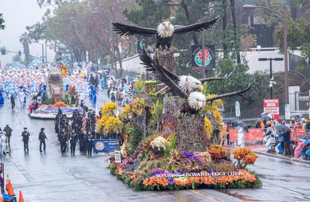 America 250 float "Soaring Onward Together for 250 Years" travels down Colorado Blvd during the 137th Rose Parade in Pasadena on Thursday, Jan. 1, 2025. (Photo by Connor Terry, Contributing Photographer)