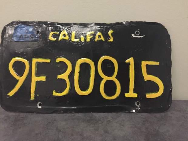 An altered license plate confiscated by the Ventura County Sheriff's Department in Moorpark, Calif. (Ventura County Sheriff's Department via AP)