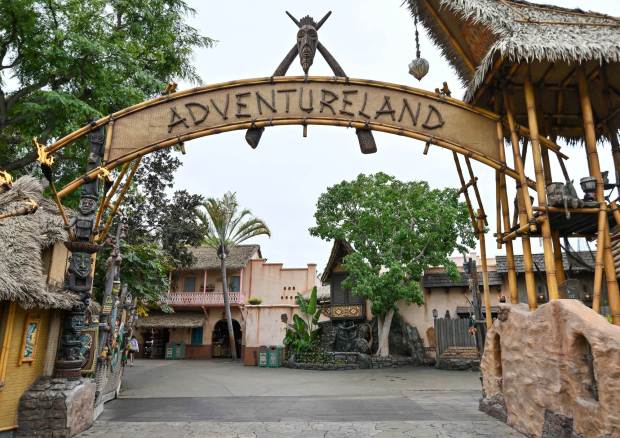 A Bodhi Tree on the right leans against the Pioneer Mercantile shop while a Triangle Palm on the left stands next to the Adventureland Bazaar at Disneyland in Anaheim on Thursday, June 25, 2026. "From a storytelling perspective, there's a transition that happens in this space right here," Disneyland horticulture area manager Brandon Elrod said. "If we go right we're in Frontierland and if we go left we're in Adventureland.". (Photo by Jeff Gritchen, Orange County Register/SCNG)