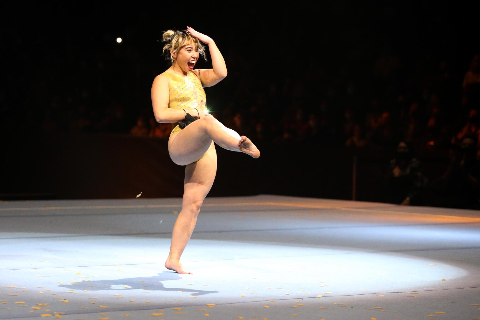 Former UCLA star gymnast Katelyn Ohashi performs during the "Gold Over America Tour" at Crypto.com Arena.