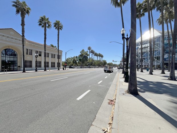 Office building at 450 West Santa Clara St. (left) in downtown San Jose and the SAP Center (right) that is the home ice for the Sharks NHL team, as seen on July 9, 2026. (George Avalos/Bay Area News Group)