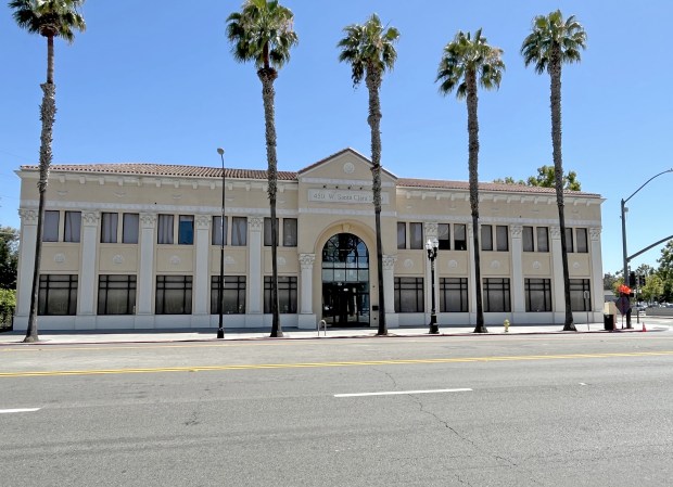 Office building at 450 West Santa Clara St. in downtown San Jose is located across the street from SAP Center, the home ice for the Sharks NHL team, as seen on July 9, 2026. (George Avalos/Bay Area News Group)