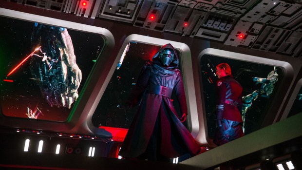 Guests come face to face with First Order Supreme Leader Kylo Ren as they stumble into the bridge of a Star Destroyer in Star Wars: Rise of the Resistance, the new attraction opening Thursday, Dec. 5 inside Star Wars: Galaxy's Edge at Disney's Hollywood Studios in Florida and Jan. 17 at Disneyland in Anaheim. (Photo by Steven Diaz, Disney)