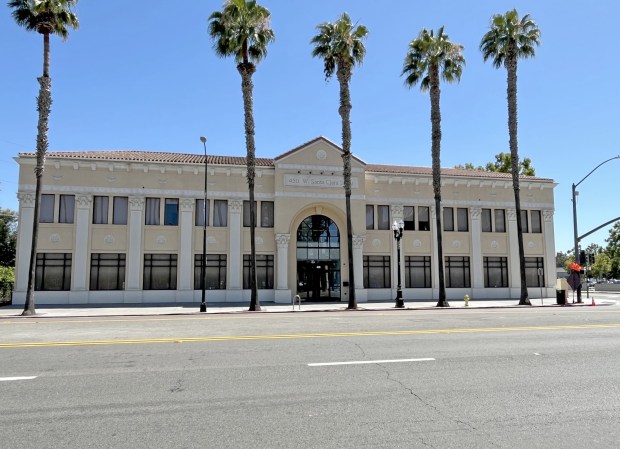 Office building at 450 West Santa Clara St. in downtown San Jose is located across the street from SAP Center, the home ice for the Sharks NHL team, as seen on July 9, 2026. (George Avalos/Bay Area News Group)