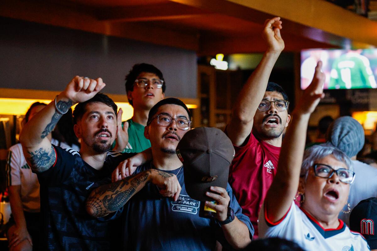 Mexico fans ask for a card after a foul is committed during a World Cup watch party in Santa Ana.