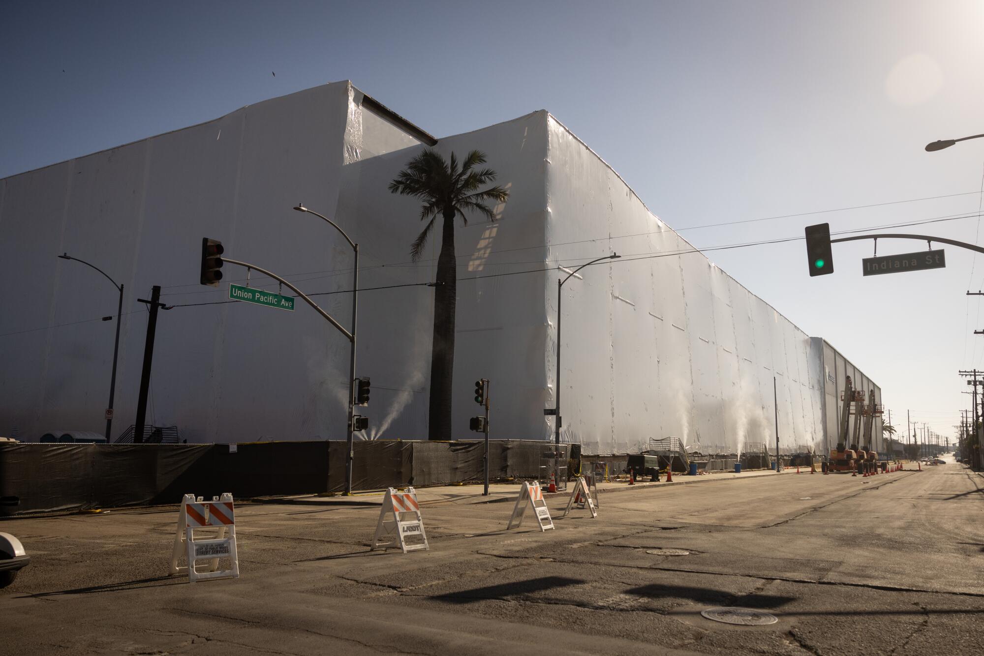 A large portion of the Lineage warehouse is covered by plastic to prevent the smell of rotting food.