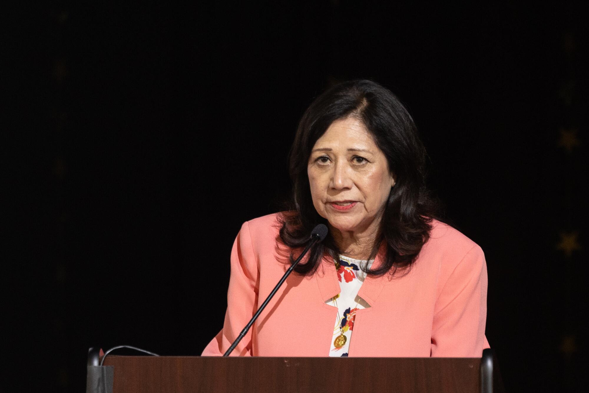 Los Angeles County Supervisor Hilda Solis addresses a town hall at Stevenson Middle School.