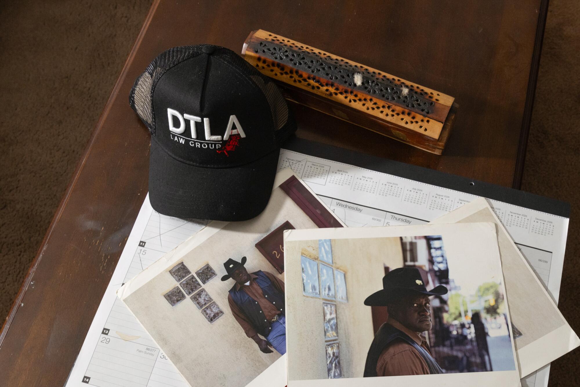 A DTLA Law Group hat inside the home of Raymond Henderson in Las Vegas on May 22.