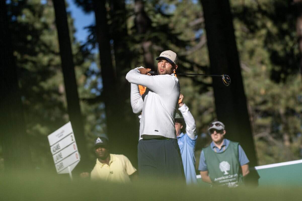 The Sacramento Kings’ Zach LaVine tees off on the second hole during the American Century Championship at Edgewood Tahoe Golf Course in Stateline, Nev., on Friday, July 10, 2026.