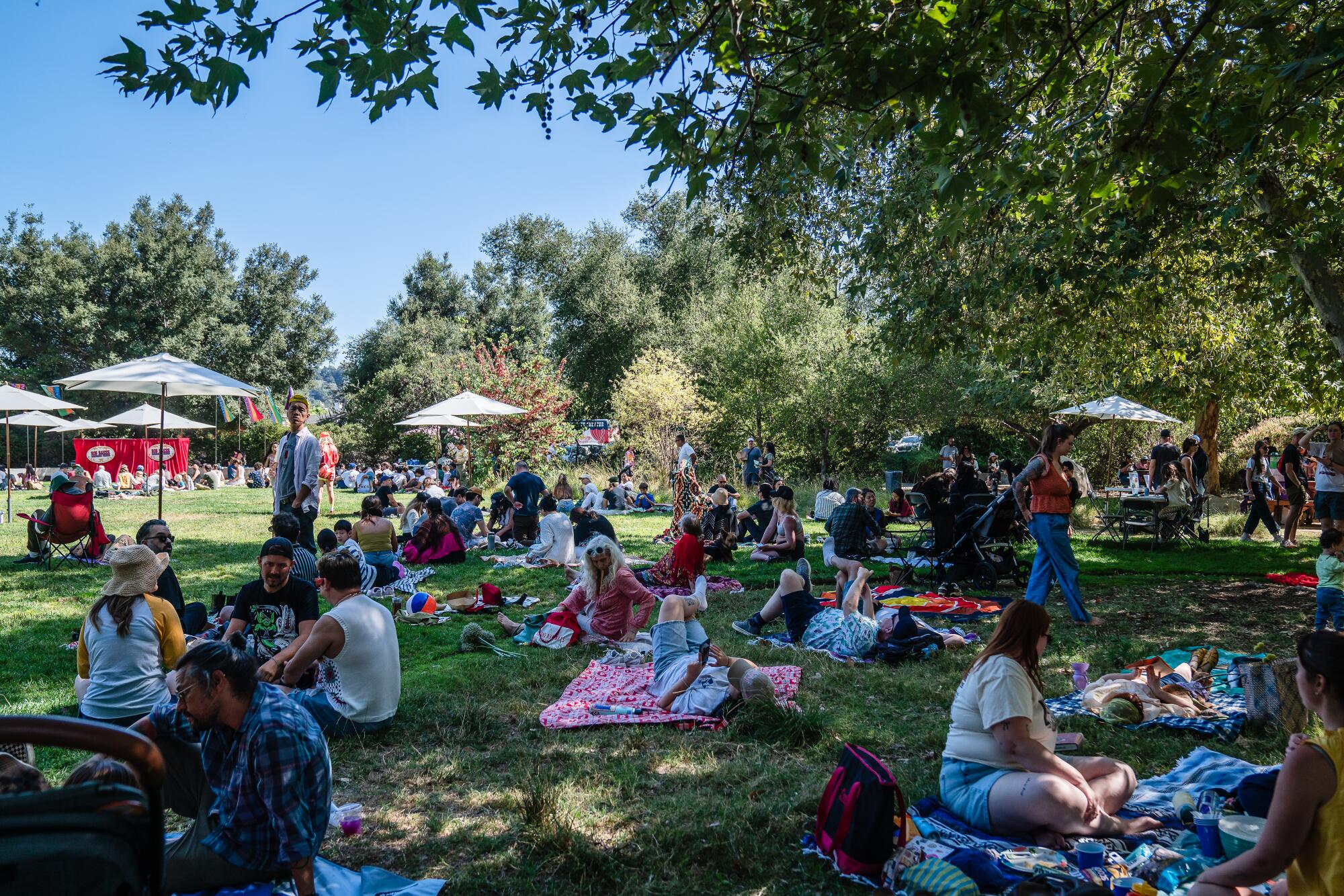People sit on picnic blankets in a grassy park.