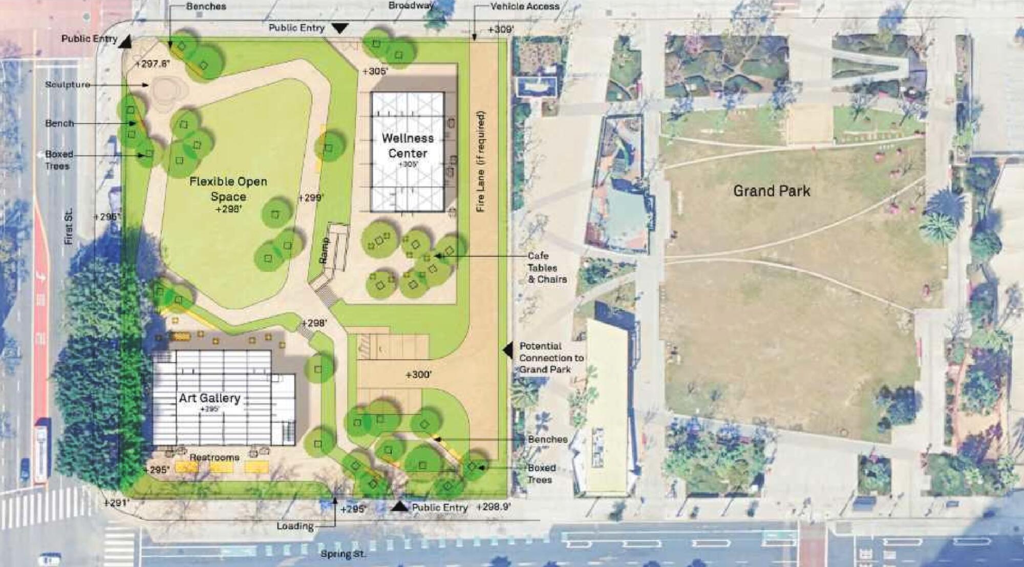 A map plan of AltaMed's temporary art park at 1st Street and Broadway.