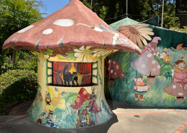 Children's shows are regularly performed on this painted set at Pixie Woods in Stockton. The Fairyland-inspired park opened in 1954 and features kids' play areas, amusement rides and a dragon-themed water-play area. (Doug Duran/Bay Area News Group)
