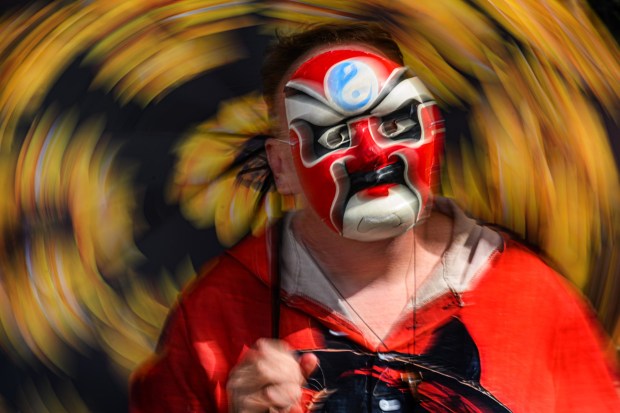 Kyle Crow, of Santa Cruz, wears a Kabuki mask while attending the San Jose Obon Festival in San Jose, Calif., on Saturday, July 11, 2026. (Jose Carlos Fajardo/Bay Area News Group)