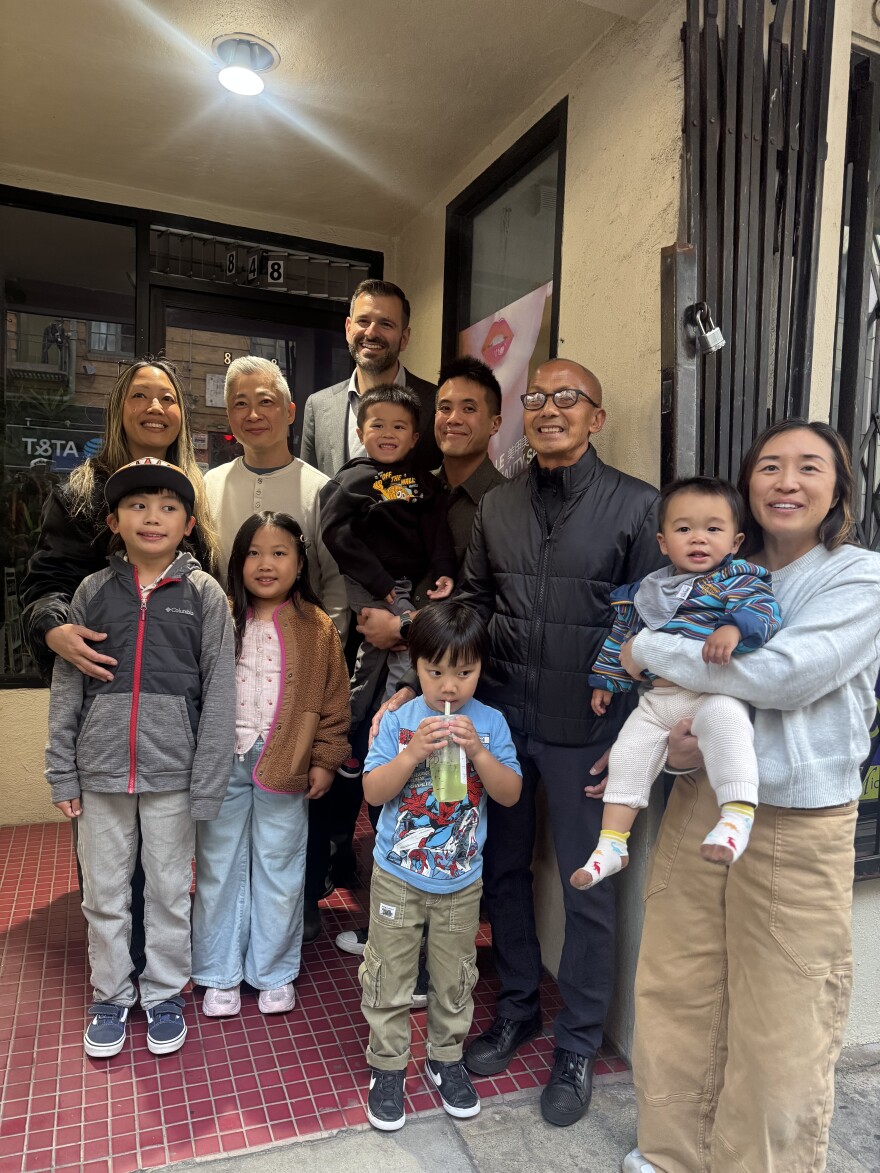 The Tong family poses for a photo along with San Francisco Dist. 3 Supervisor, Danny Sauter, to celebrate the lighting of the Golden Star Radio neon sign. In 1939 May and Tommy Tong started Golden Star Radio as the first Chinese-language broadcast in North America.