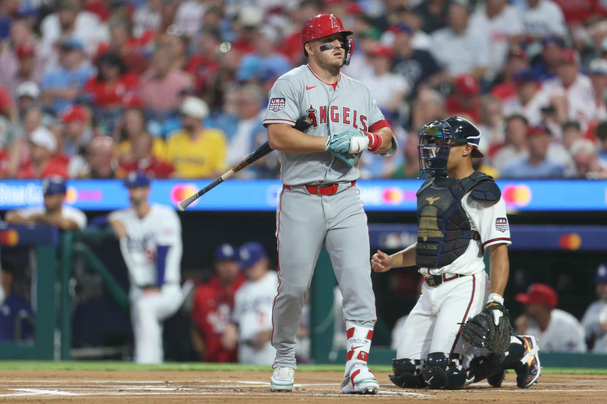 Mike Trout bats in the first inning Tuesday.