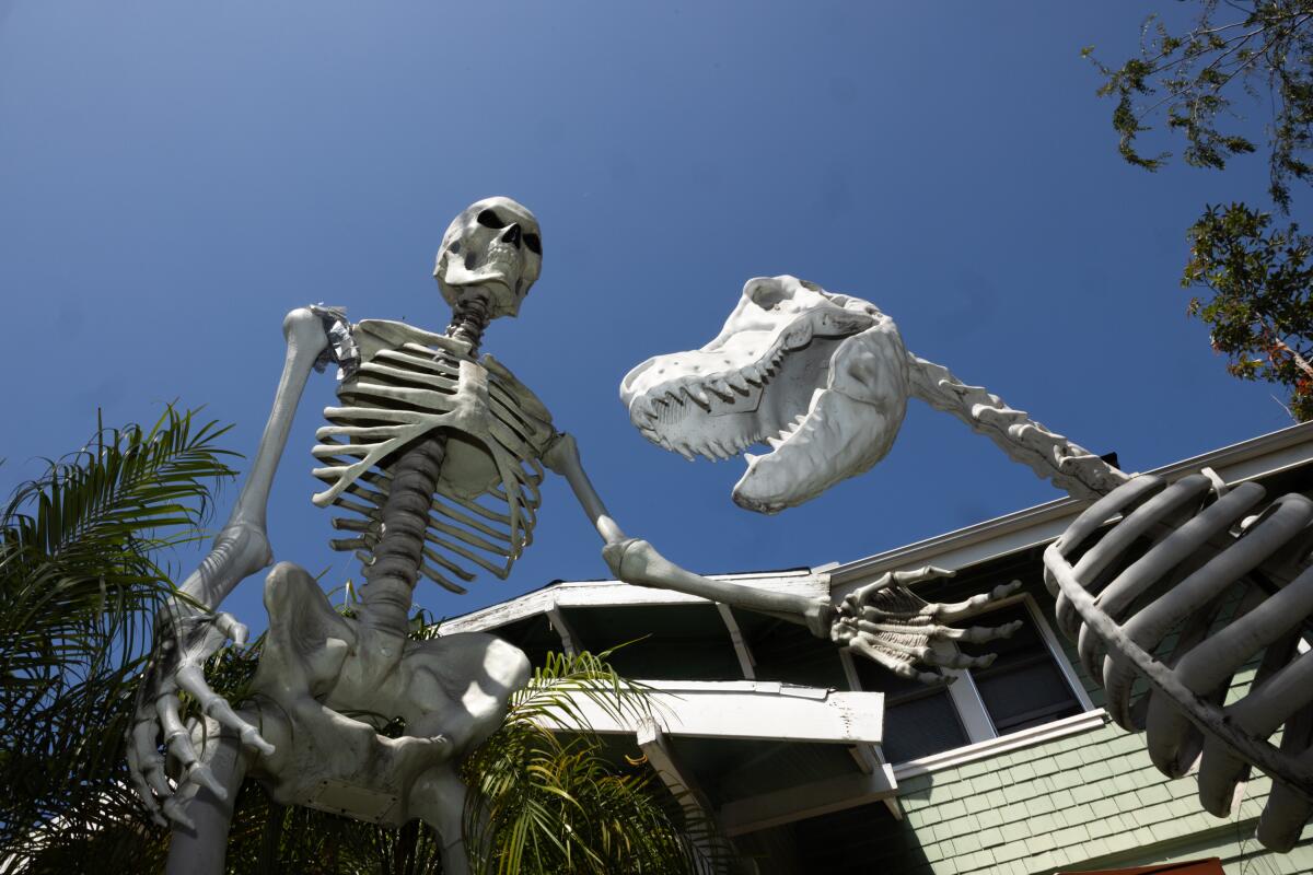 Giant skeletons sit in the yard of a home on N. Fairfax Avenue in Los Angeles.