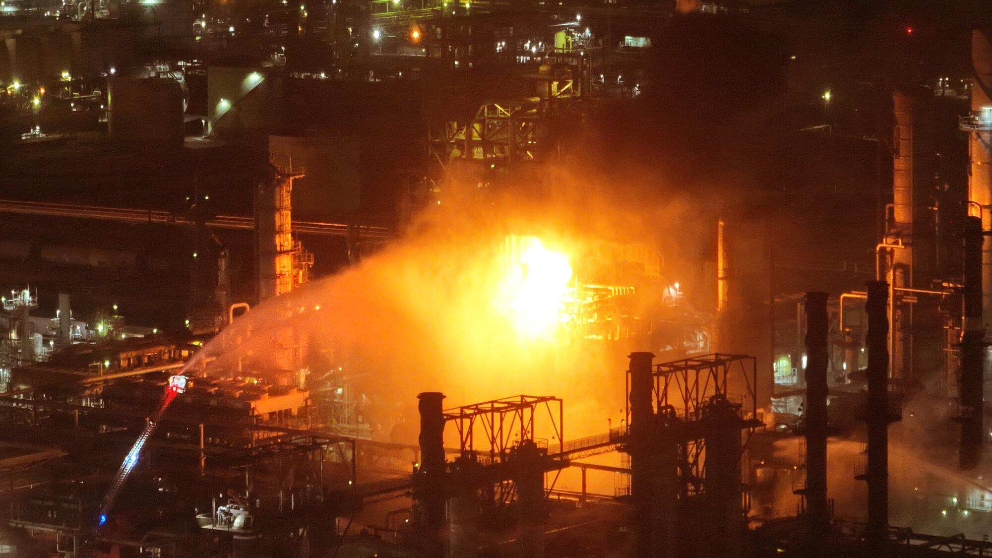 An aerial view of Chevron crews battling a fire at the Chevron Refinery in El Segundo, Oct. 2, 2025.