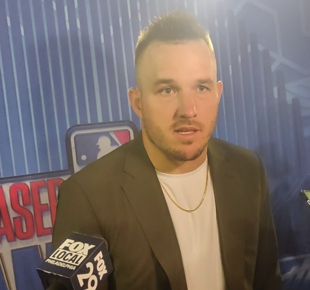Los Angeles Angels outfielder Mike Trout speaks with reporters outside the American League Clubhouse at Citizens Bank Park on July 14, 2026, in Philadelphia. (MediaNews Group)